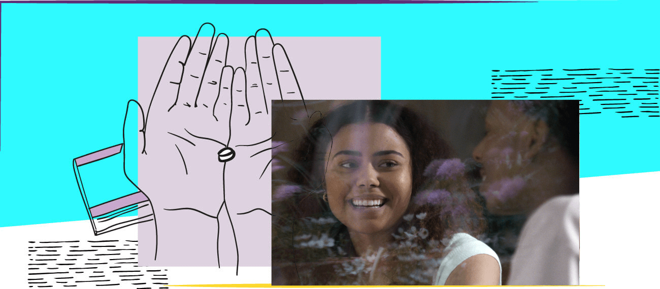 Smiling woman and illustration of hands holding a pill