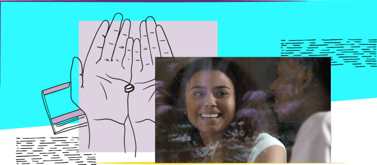 Smiling woman and illustration of hands holding a pill