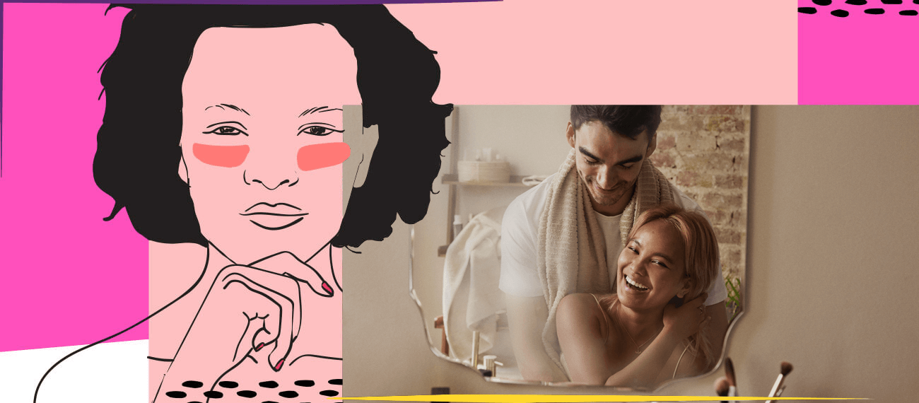 Couple standing in front of a mirror, illustration of a woman